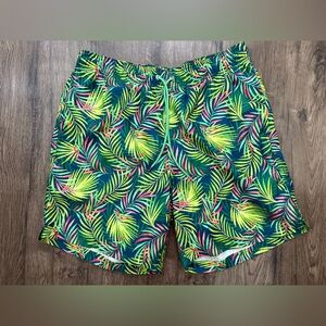 Lands End Men’s Bright Green Tropical Palm Mesh Lined Swim Trunks Size Large